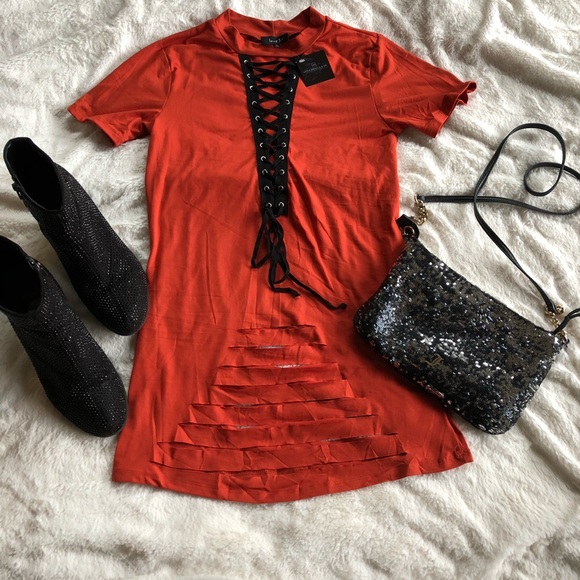 NWT- super soft red/orange w/black lace up top - Picture 3 of 7